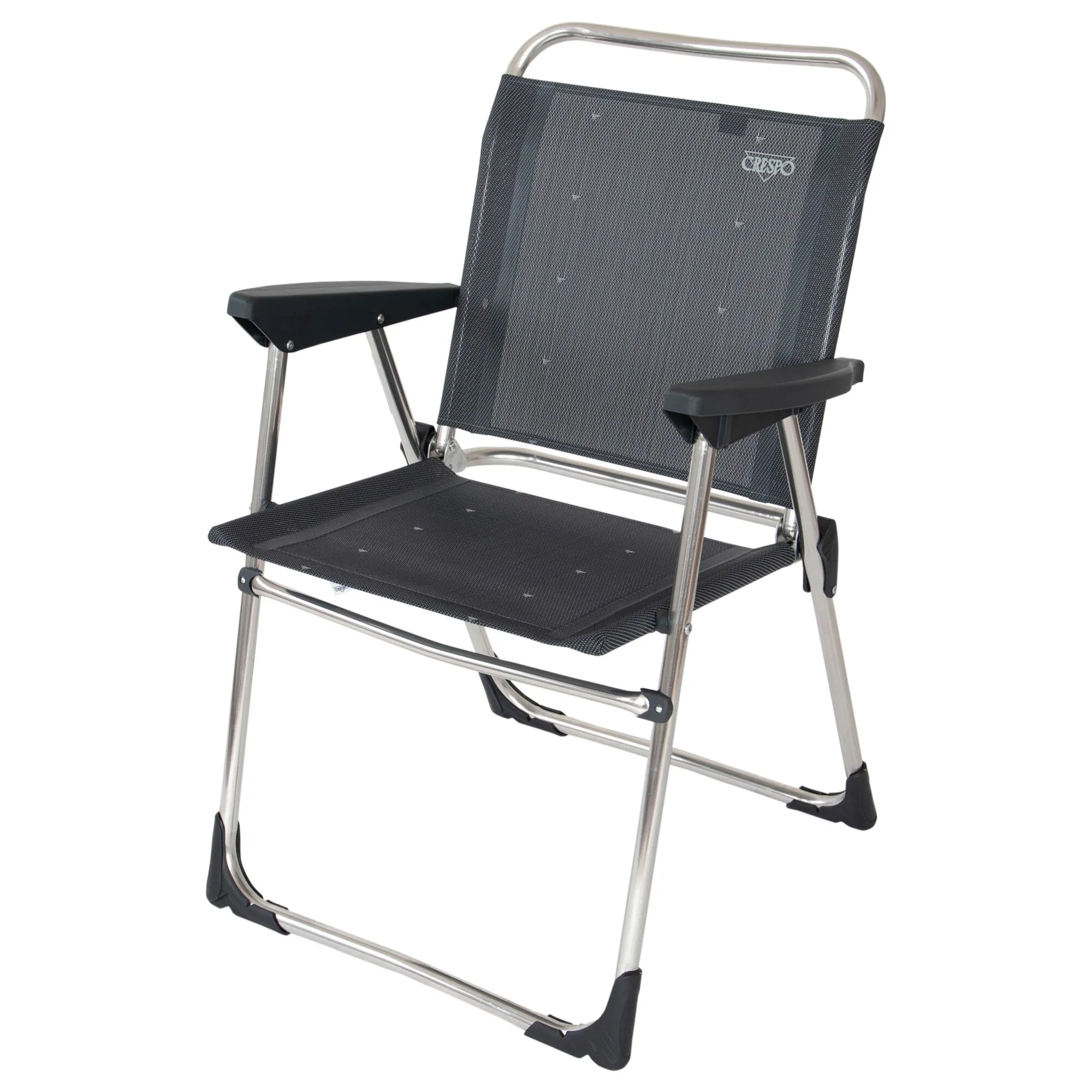 Campingstuhl AL/219 Classic in Anthrazit mit schwarzem Textilgewebe, Aluminiumgestell und Armlehnen in Dreiviertelansicht