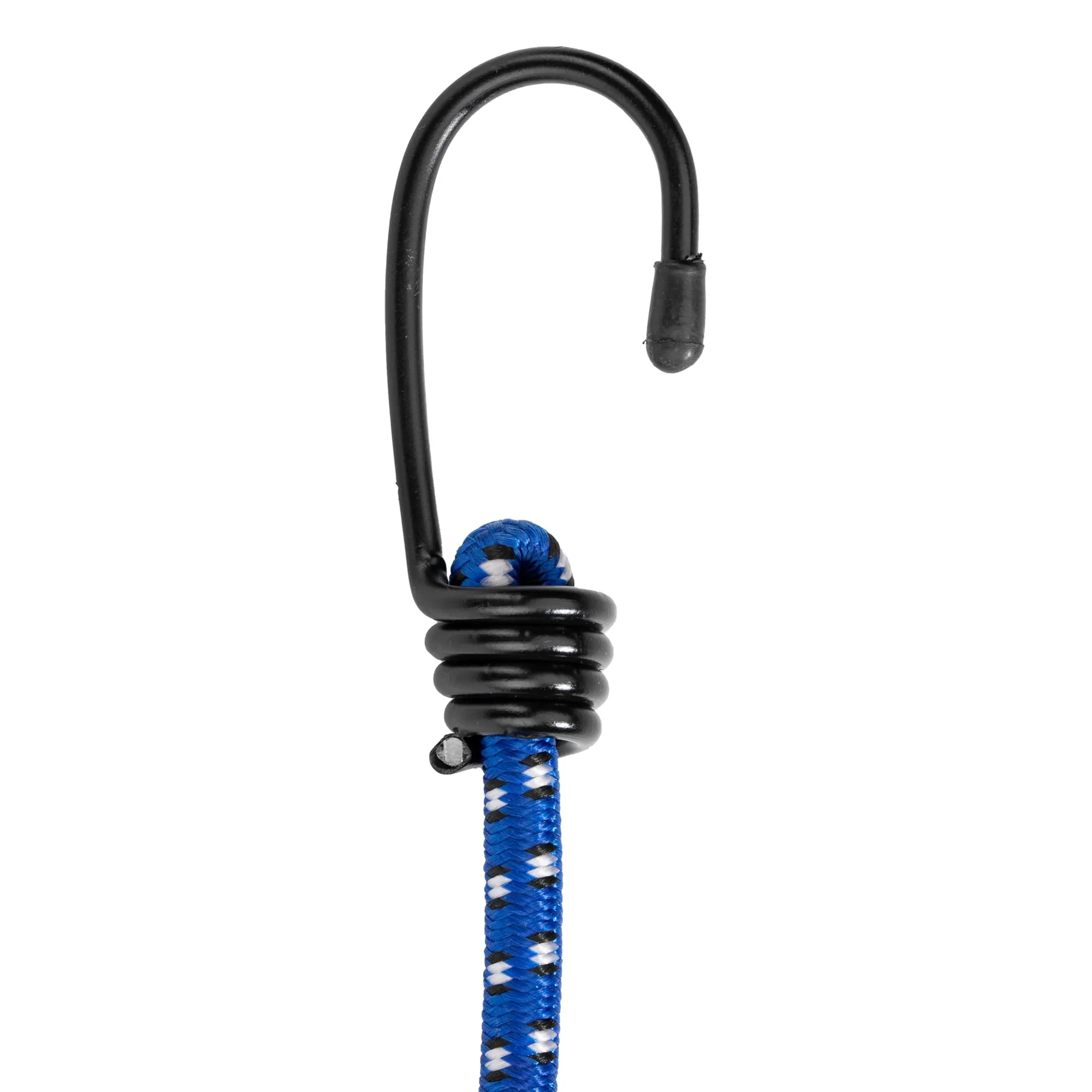 Detailaufnahme einer schwarzen Gepäckspinne mit spiralförmigem Metallhaken, Gummikappe und blau-weiß-schwarzem Expanderseil