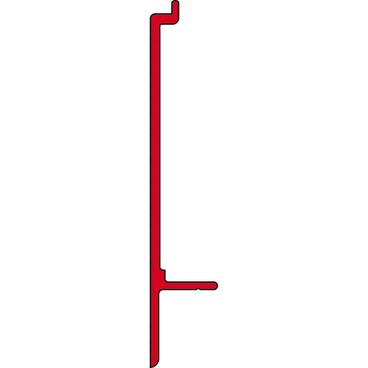 Vertikales rotes Metallprofil eines Markisenadapters (T-Adapter) mit oberem Haken, seitigem Ausleger und untere Endkante, Kontur auf weißem Hintergrund
