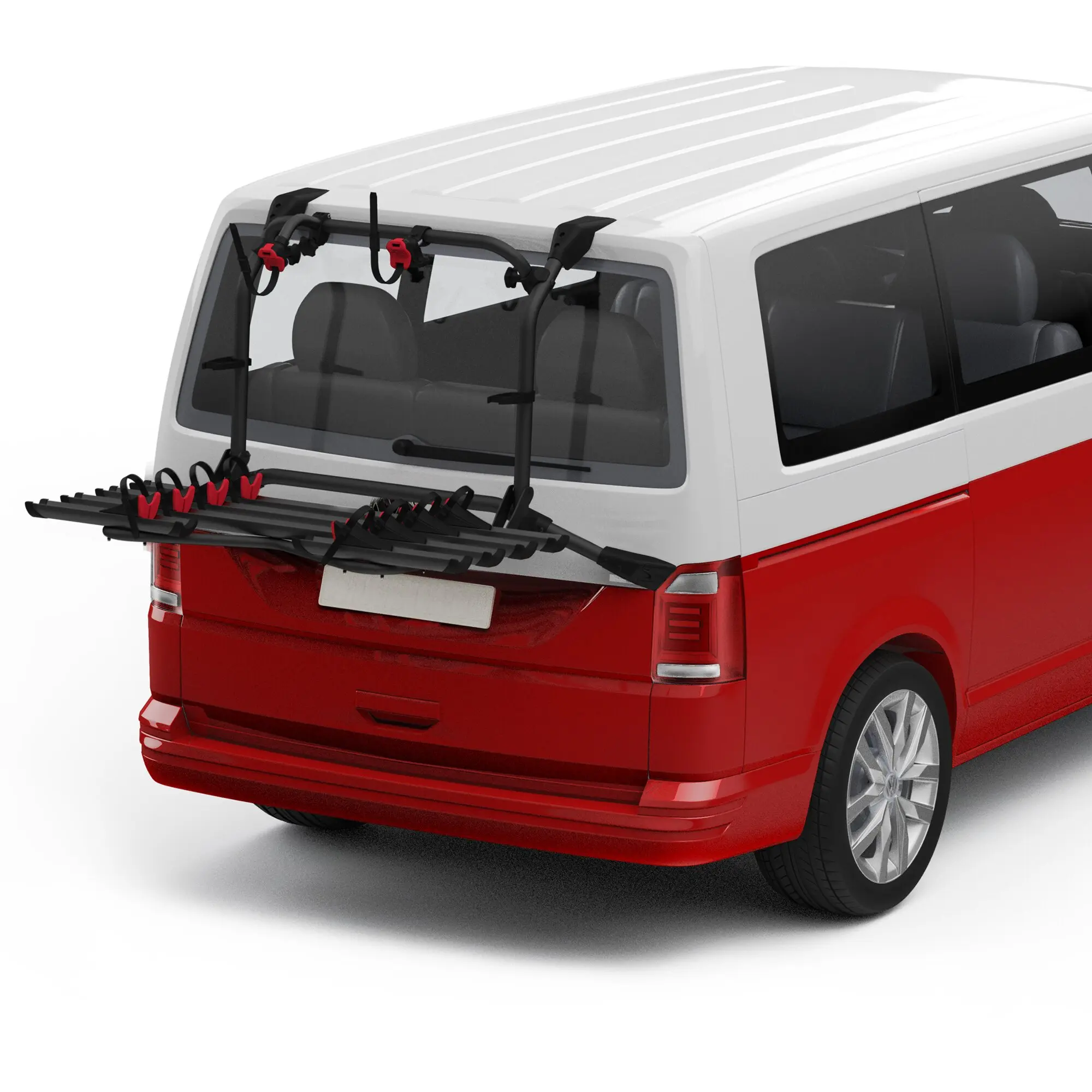 Rückseite eines weißen Transporters mit Carry-Bike VW T6 Pro Deep Black Fahrradträger, sichtbare Haltearme und rote Klemmhebel