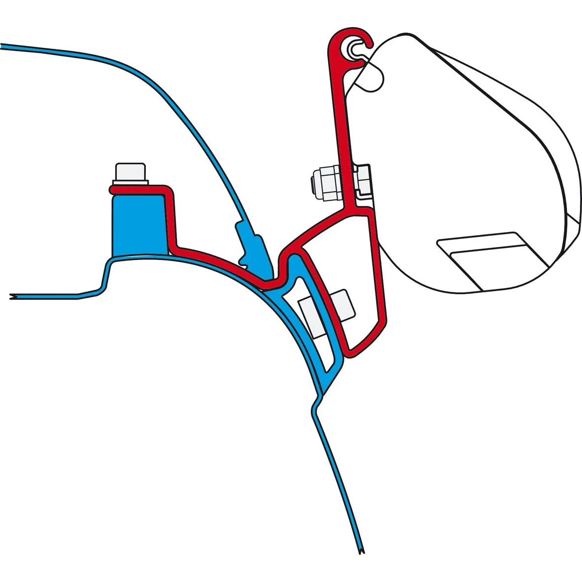 Technische Schnittdarstellung des roten und blauen Befestigungs- und Dichtungsprofils für das Kit VW T5/T6 California