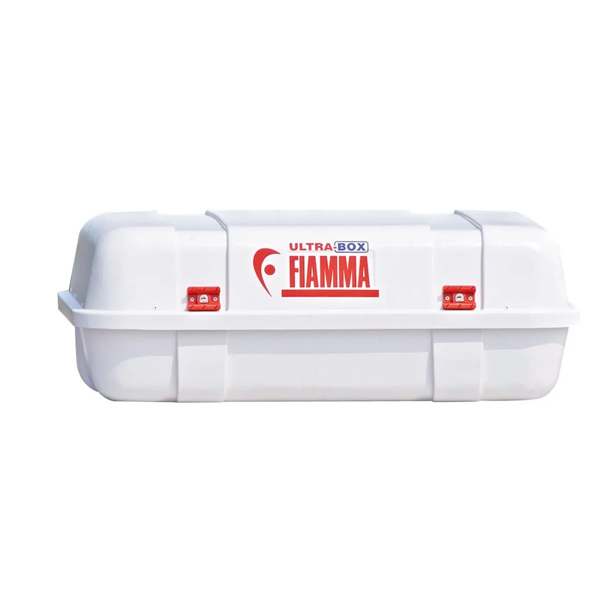 Weiße Dachbox Fiamma Ultra Box Top 400 l in Seitenansicht mit rotem Logo und zwei roten Verschlüssen