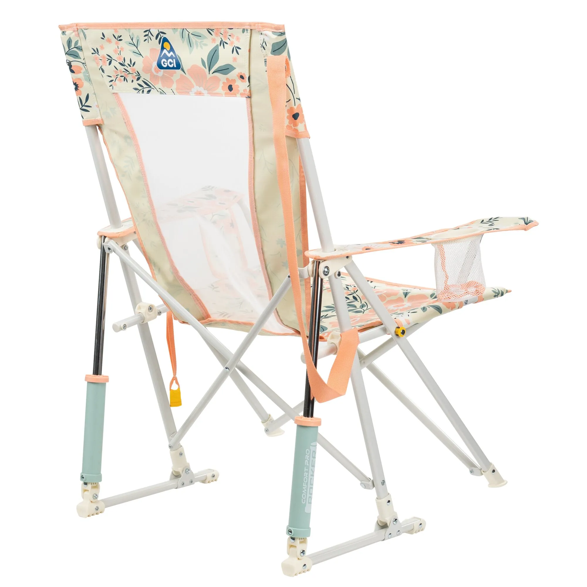 Camping-Schaukelstuhl Floral Comfort Pro Rocker mit cremefarbigem Stoff, peachfarbigen Rändern, Metallrahmen und Netztasche am Armlehnenbereich