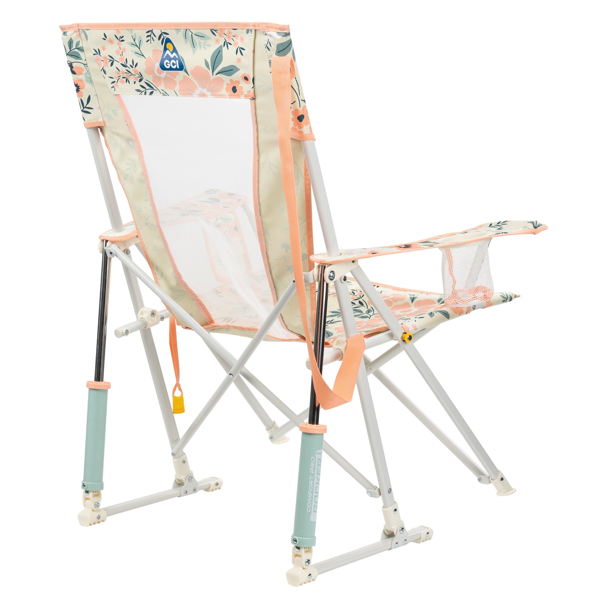 Camping-Schaukelstuhl Floral Comfort Pro Rocker mit cremefarbigem Stoff, peachfarbigen Rändern, Metallrahmen und Netztasche am Armlehnenbereich