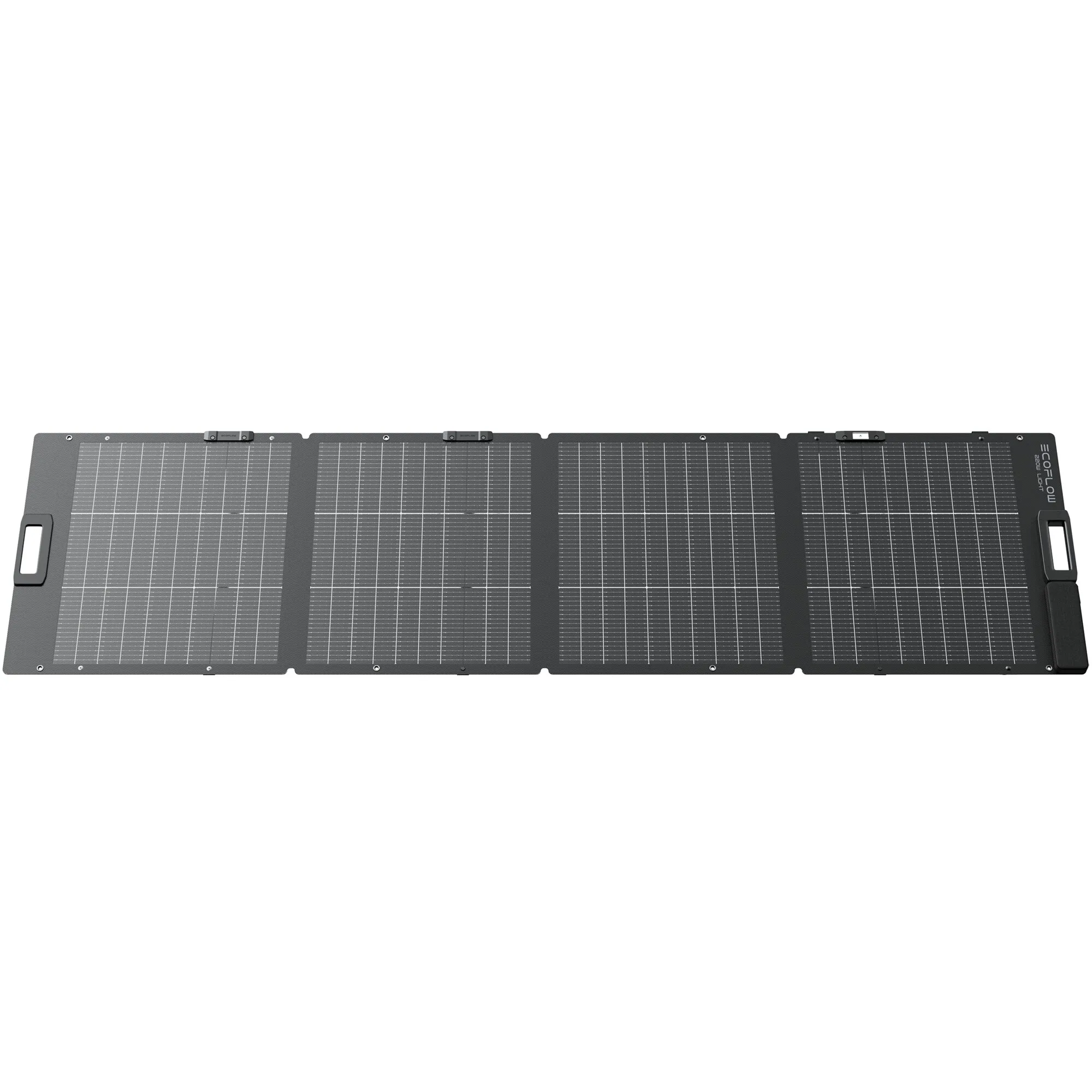 Ausgeklapptes schwarzes faltbares Solarmodul mit vier Solarflächen, Tragegriffen und 220 Wp Leistung