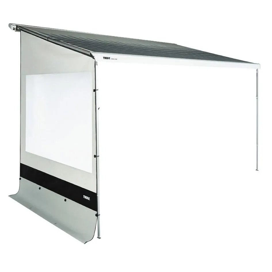 Thule Rain Blocker G2 Side Caravan, graue Seitenwand mit Fenster und Bodenabdeckung an einer Caravan-Markise