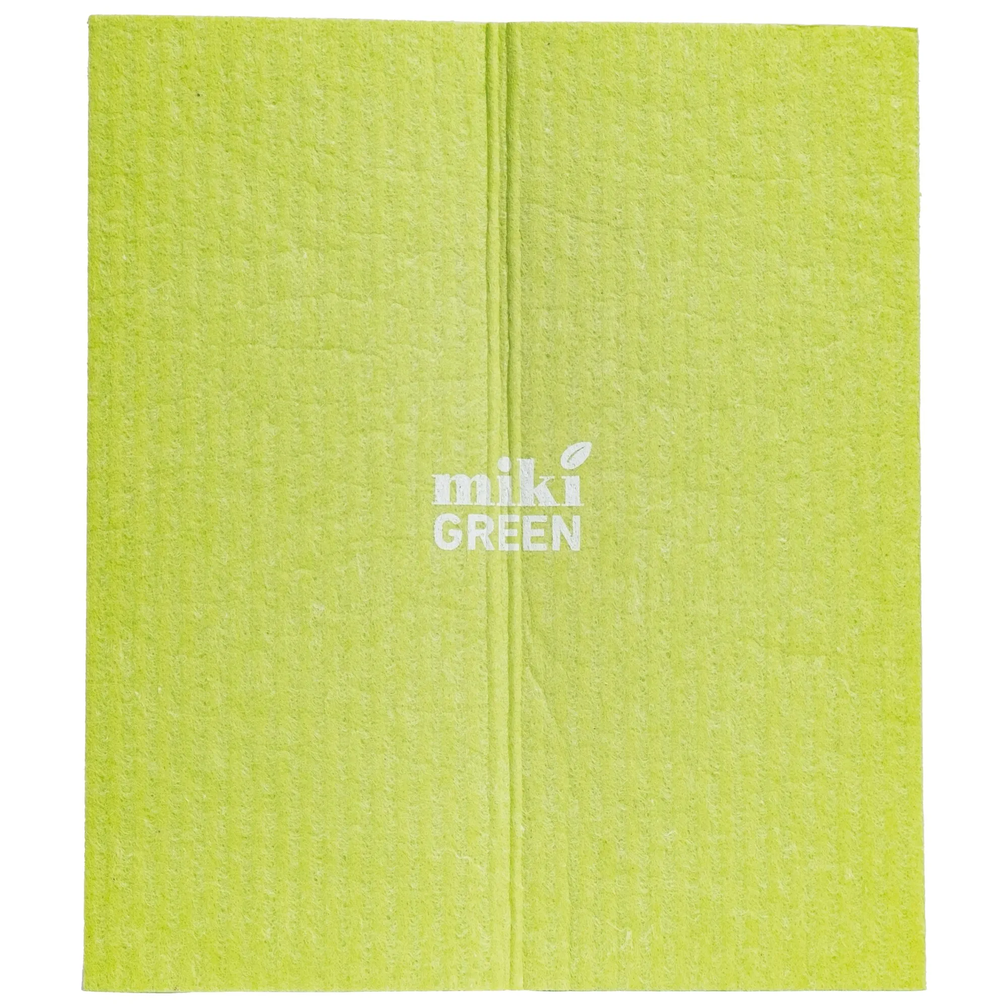 Grünes veganes Schwammtuch mit feiner Struktur und mittiger Faltkante, bedruckt mit dem weißen Schriftzug „miki GREEN“