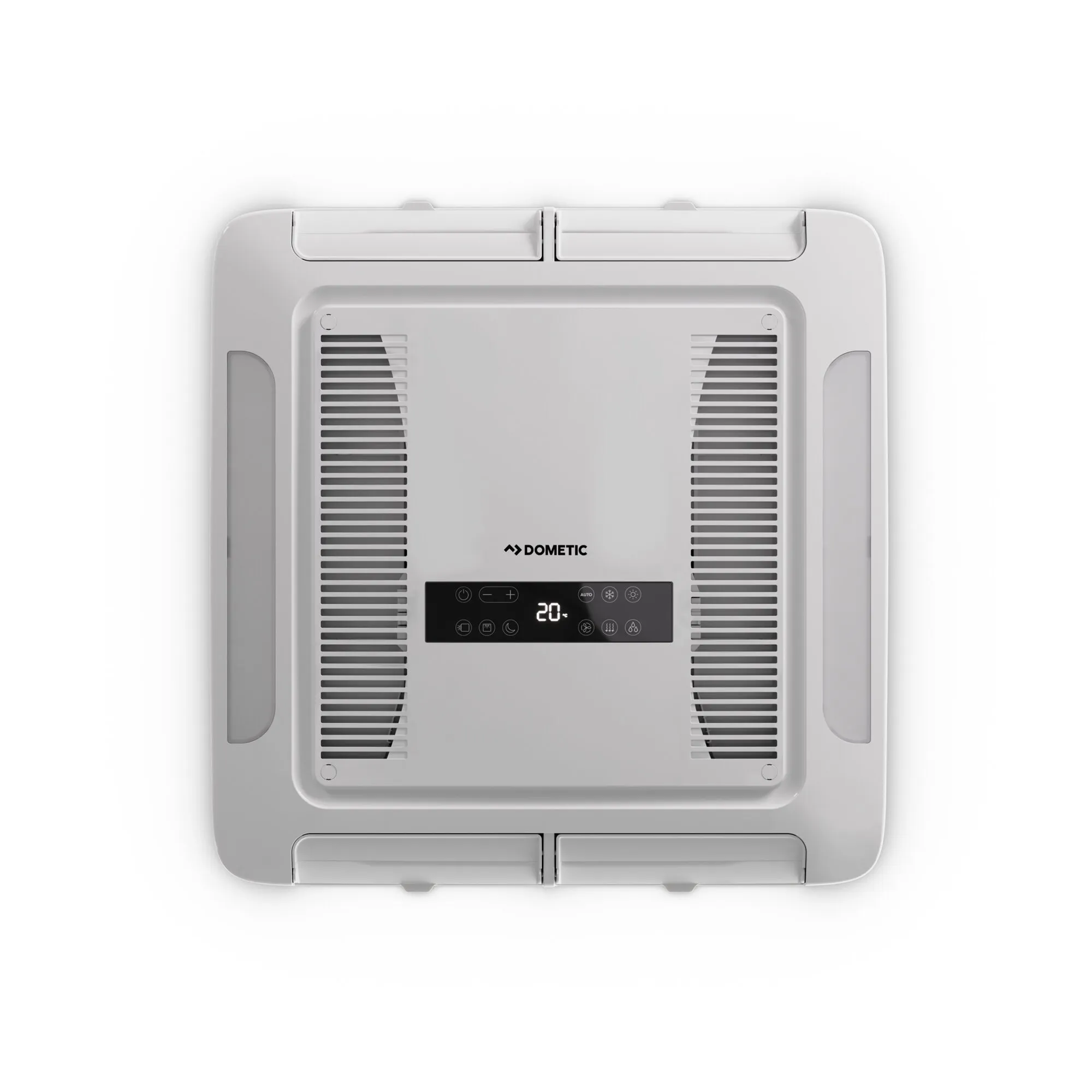 Topansicht eines grauen Luftverteiler-Mini für Klimaanlage, zentrale Bedientafel mit Digitalanzeige 20°C, seitliche Luftschlitze, Dometic-Logo