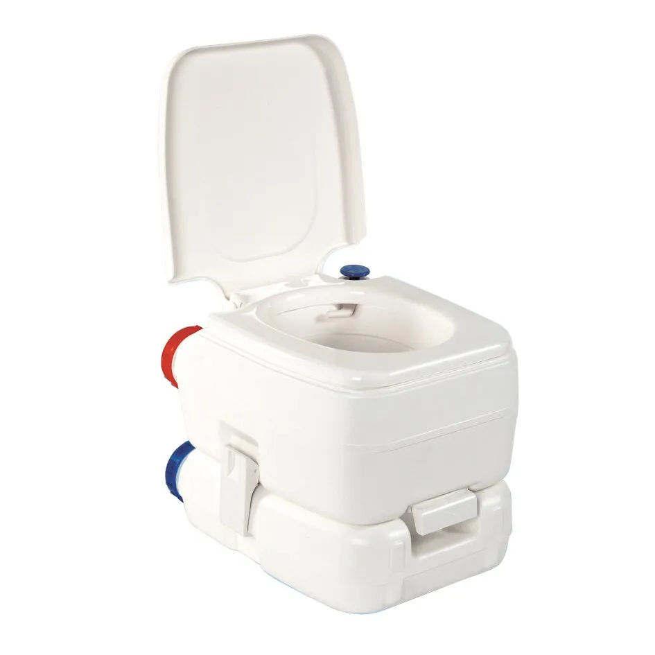 Tragbare weiße Toilette BI-POT mit geöffnetem Deckel, Spülknopf, Sitzöffnung und abnehmbarem Unterbehälter