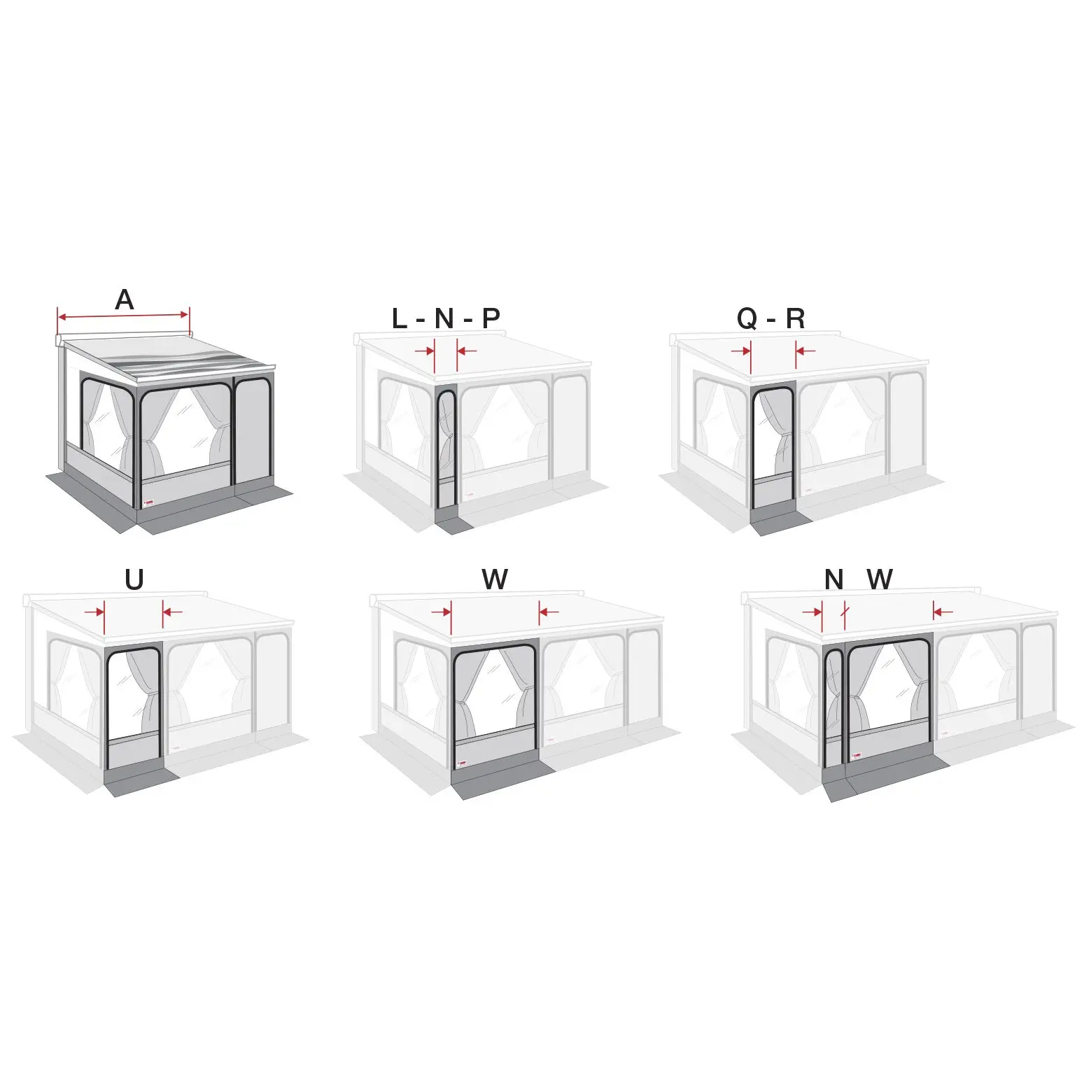 Sechs isometrische Diagramme des Markisenzelts Privacy Room F45, 300 Large mit rot markierten Abmessungen A, L-N-P, Q-R, U, W und N-W