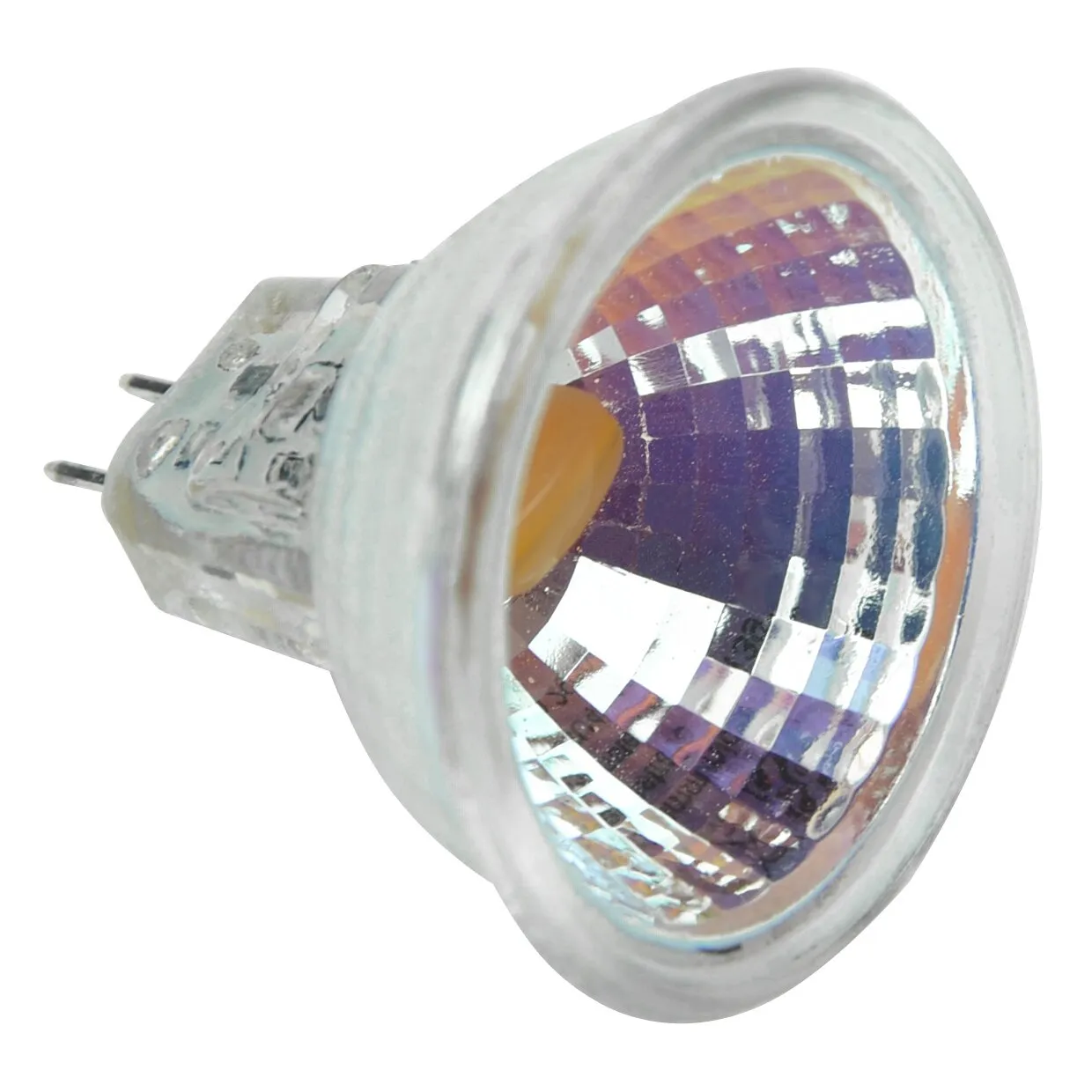 LED-Leuchtmittel GU4 mit 1,50 W, rundem Reflektor und zwei sichtbaren Kontaktstiften in Seitenansicht