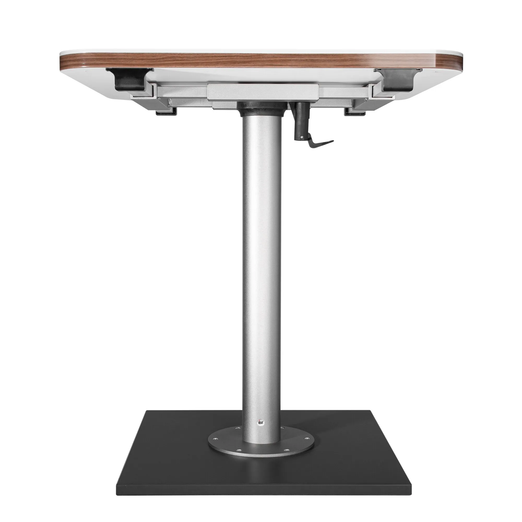 Silberne Tischsäule mit schwarzer quadratischer Bodenplatte, fester Tischbefestigung und sichtbarer X/Y-Verschiebemechanik