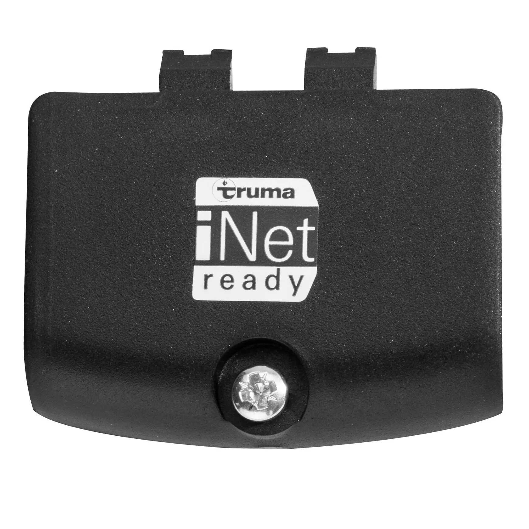 Schwarzer Batteriedeckel für Truma LevelControl mit iNet-ready-Logo, zwei Halterungen und zentraler Kreuzschlitzschraube