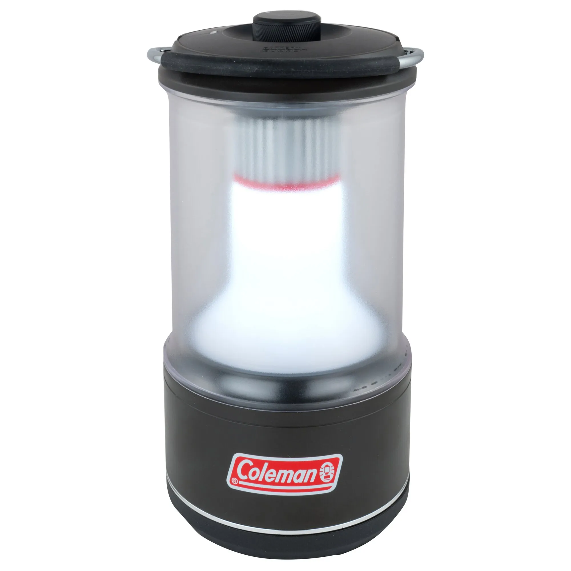 Coleman BatteryGuard Laterne in Schwarz mit diffusorartigem Gehäuse, Tragebügel und eingeschaltetem weißen Licht, 800 Lumen