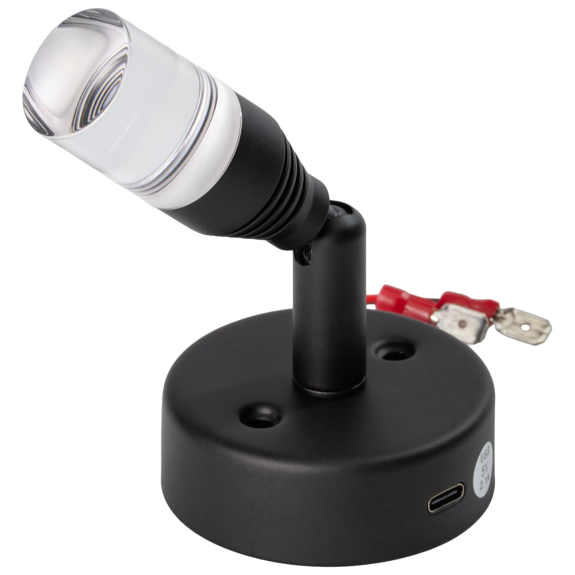 Schwarze LED-Leselampe mit verstellbarem Arm, rundem Sockel und klarem Lampenkopf; USB-C-Anschluss am Gehäuse sichtbar, rotes Kabel daneben