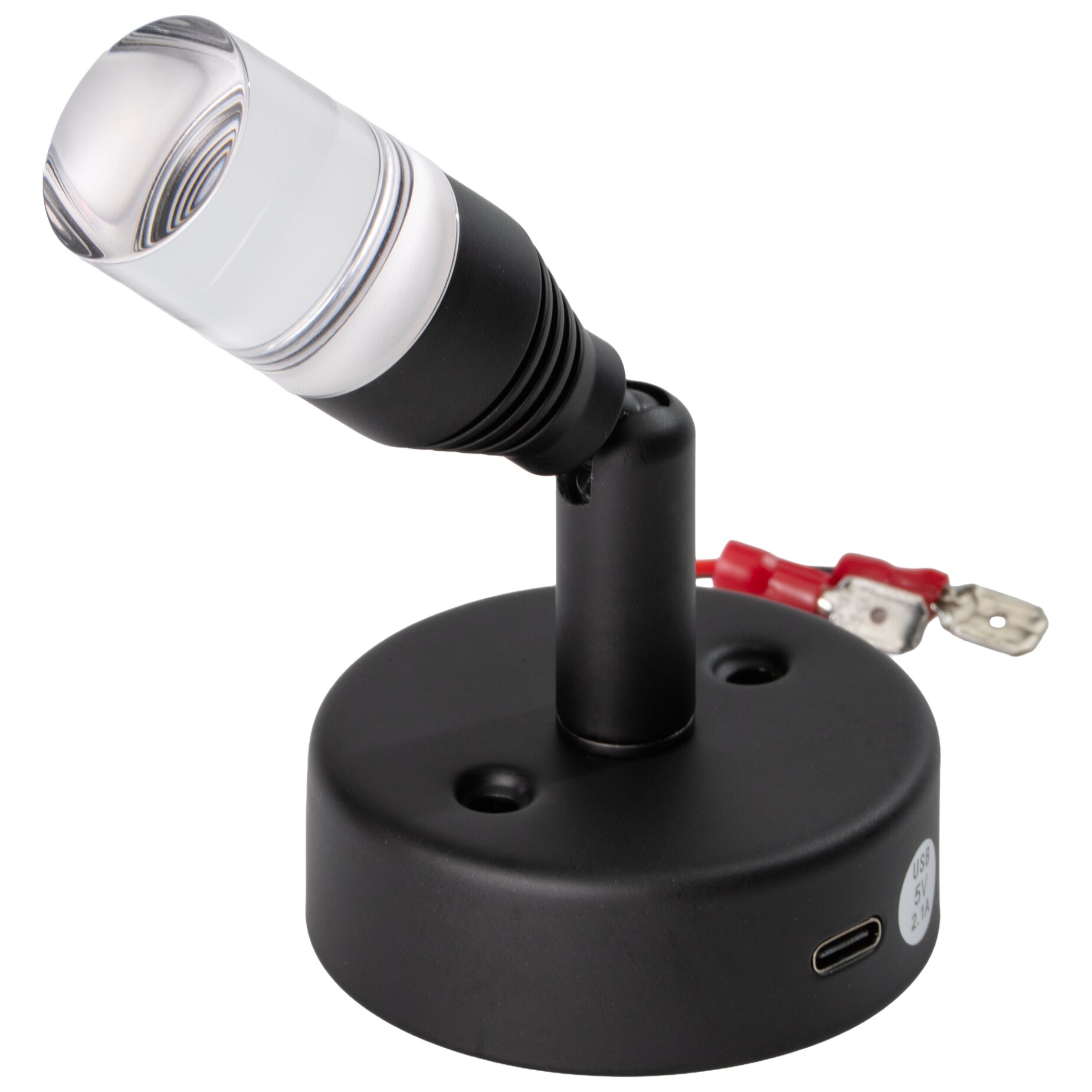 Schwarze LED-Leselampe mit verstellbarem Arm, rundem Sockel und klarem Lampenkopf; USB-C-Anschluss am Gehäuse sichtbar, rotes Kabel daneben