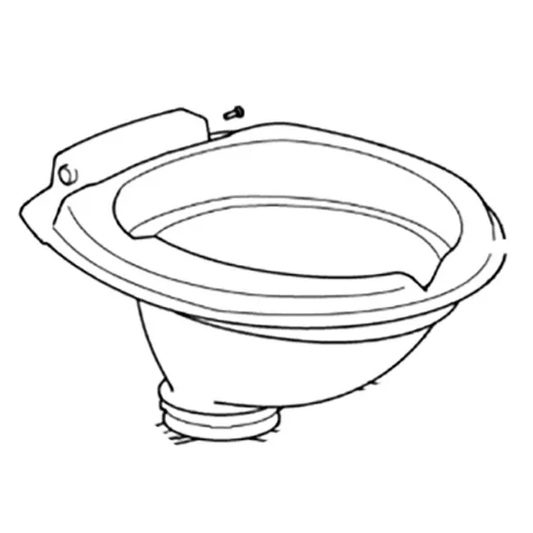Weiße Toilettenschüssel-Innenschale in schräger Ansicht mit ovaler Öffnung, breitem Rand und sichtbarem Anschlussstutzen
