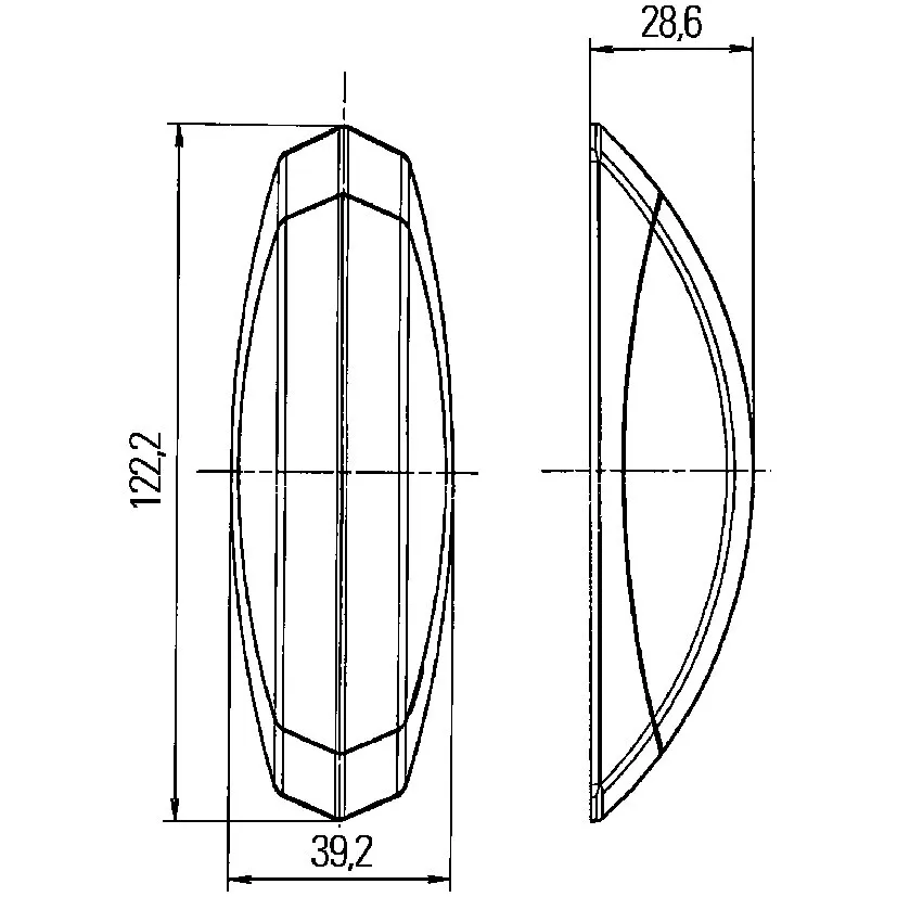 Technische Zeichnung einer rechten Umrissleuchte mit Vorder- und Seitenansicht sowie den Maßen 122,2, 39,2 und 28,6 mm