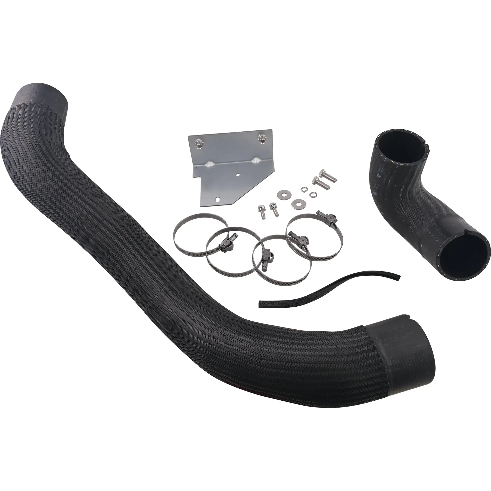Einbau-Kit Telair Ultra Comfort 6000 für Fiat Ducato; sichtbare Teile: zwei schwarze Schläuche, Metallplatte, Schrauben, Schellen, Scheiben