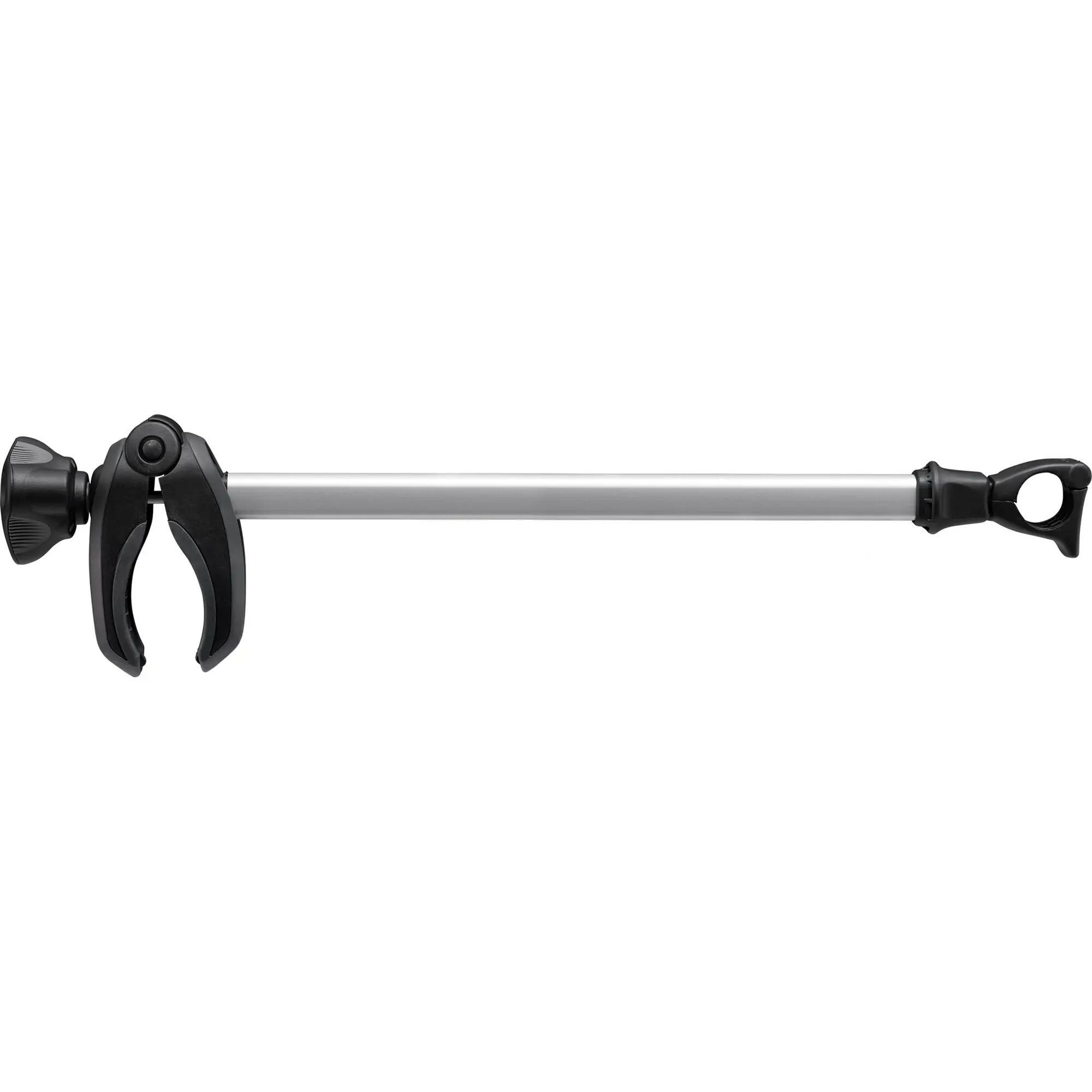 Abstandshalter AcuTight, eloxierte silberne Stange, 41 cm lang, mit schwarzen Klemmen an beiden Enden und einem runden Drehknopf links