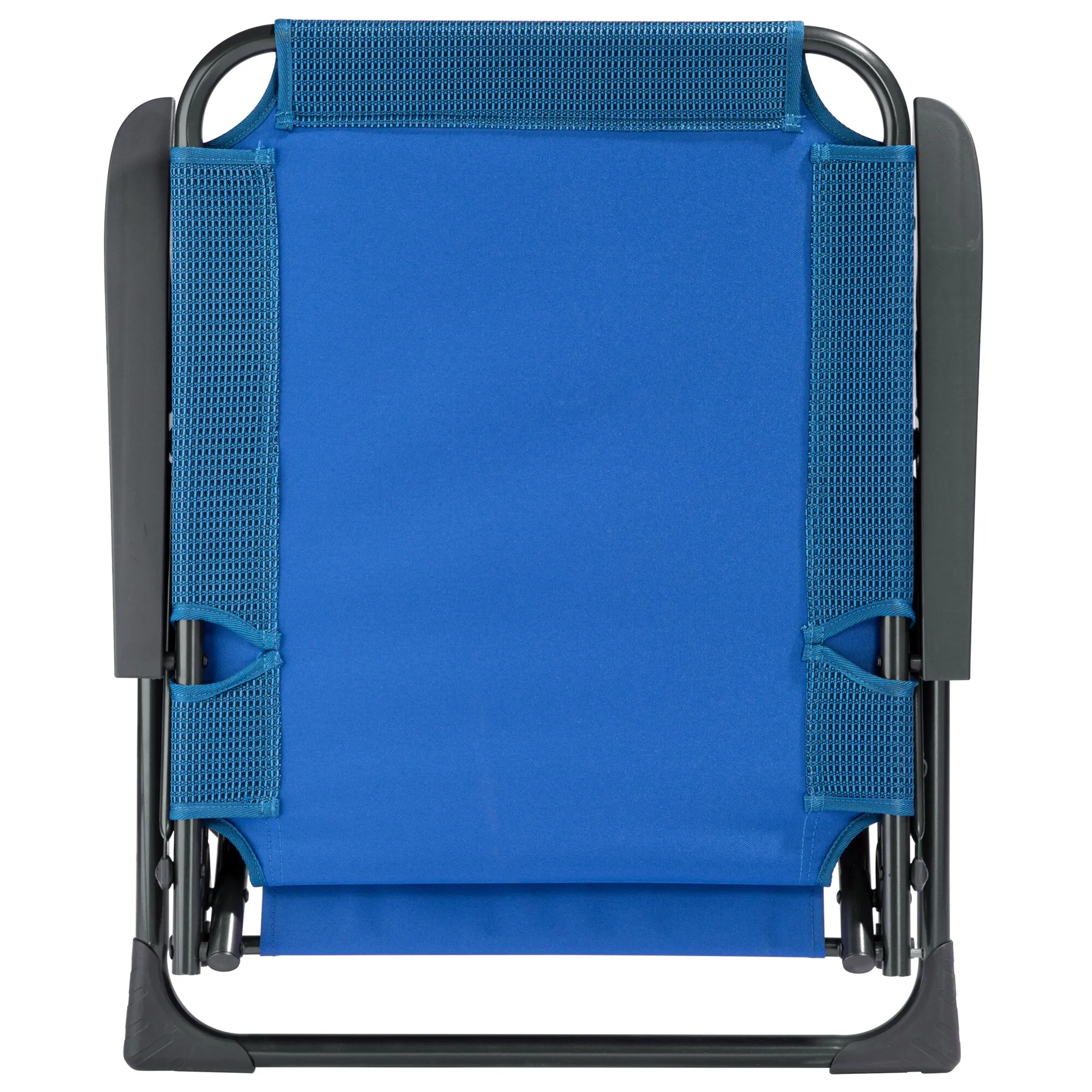Blauer Klappstuhl HighQ mit textilem Bezug, schwarzen Armlehnen und schwarzem Gestell, zusammengeklappt dargestellt