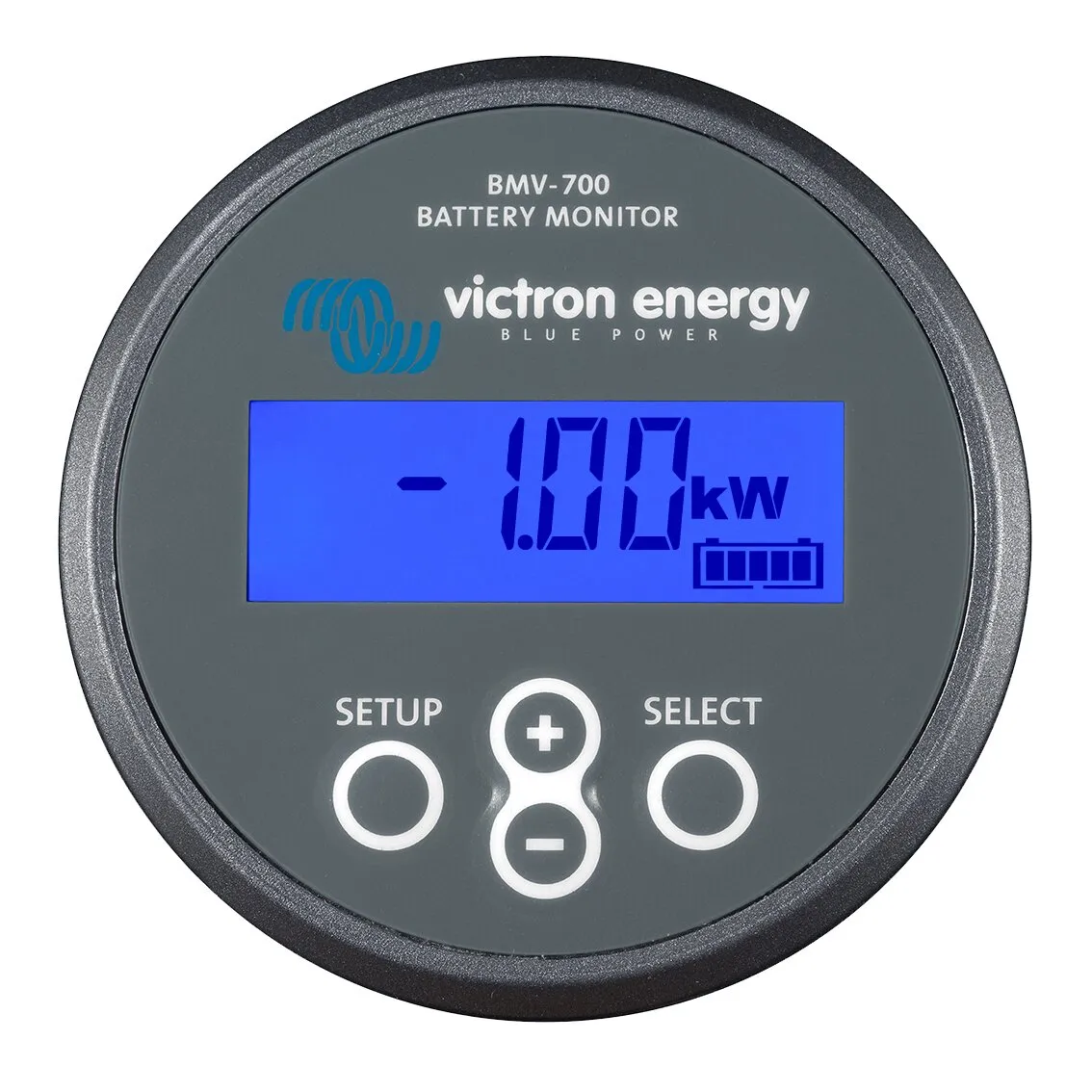 Runder schwarzer Batterie-Überwachungscomputer Victron Energy BMV-700 mit blauem Display, Tasten und Batteriesymbol