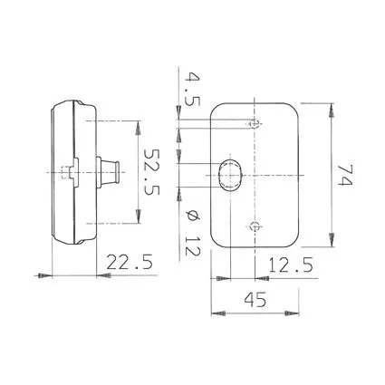 Technische Maßzeichnung der Begrenzungsleuchte PL 130 mit Vorder- und Seitenansicht sowie Maßen 74 × 45 × 22,5 mm