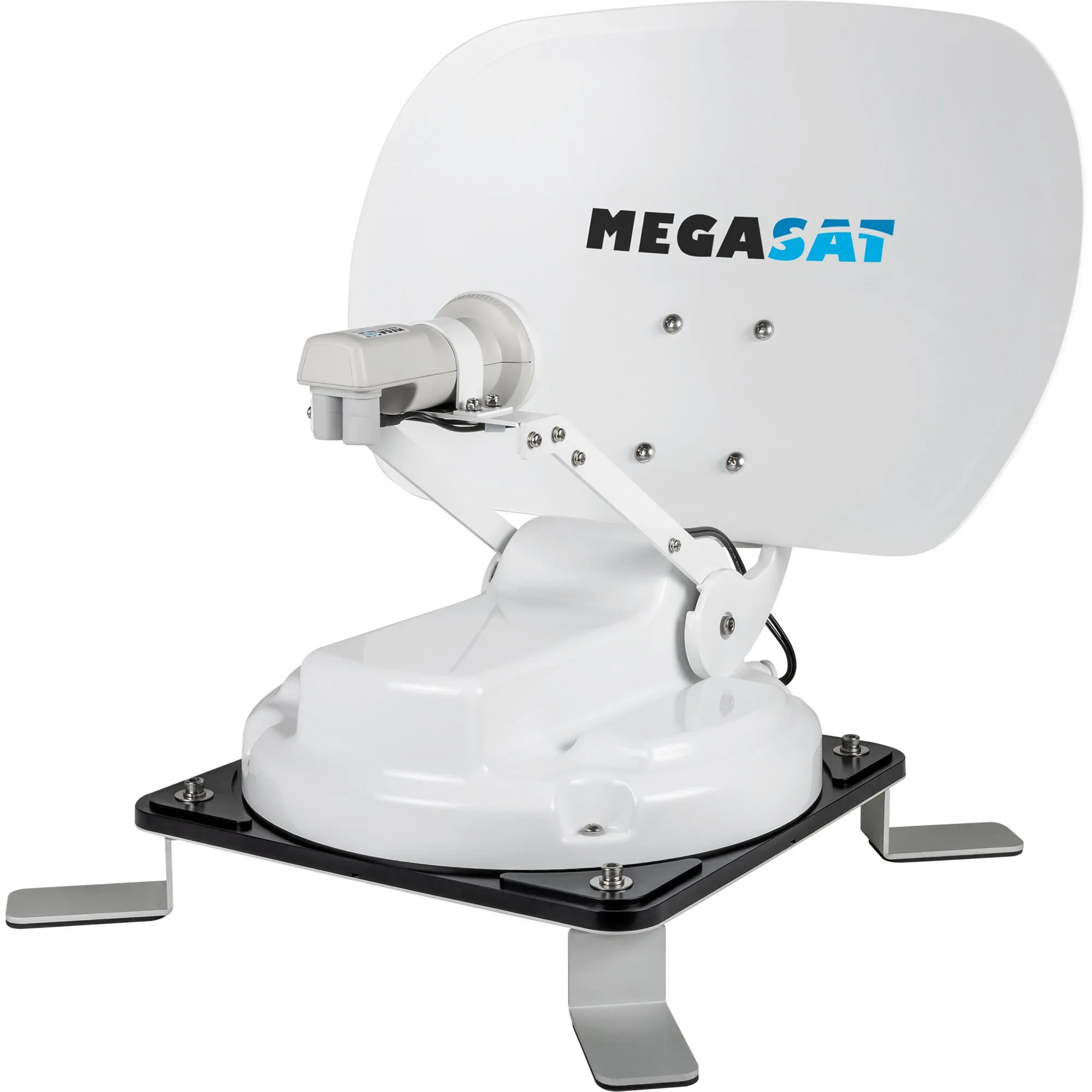 Weißes MEGASAT Mobil-Kit mit Satellitenschüssel, motorisierter Halterung und schwarzer Montageplatte mit Standfüßen
