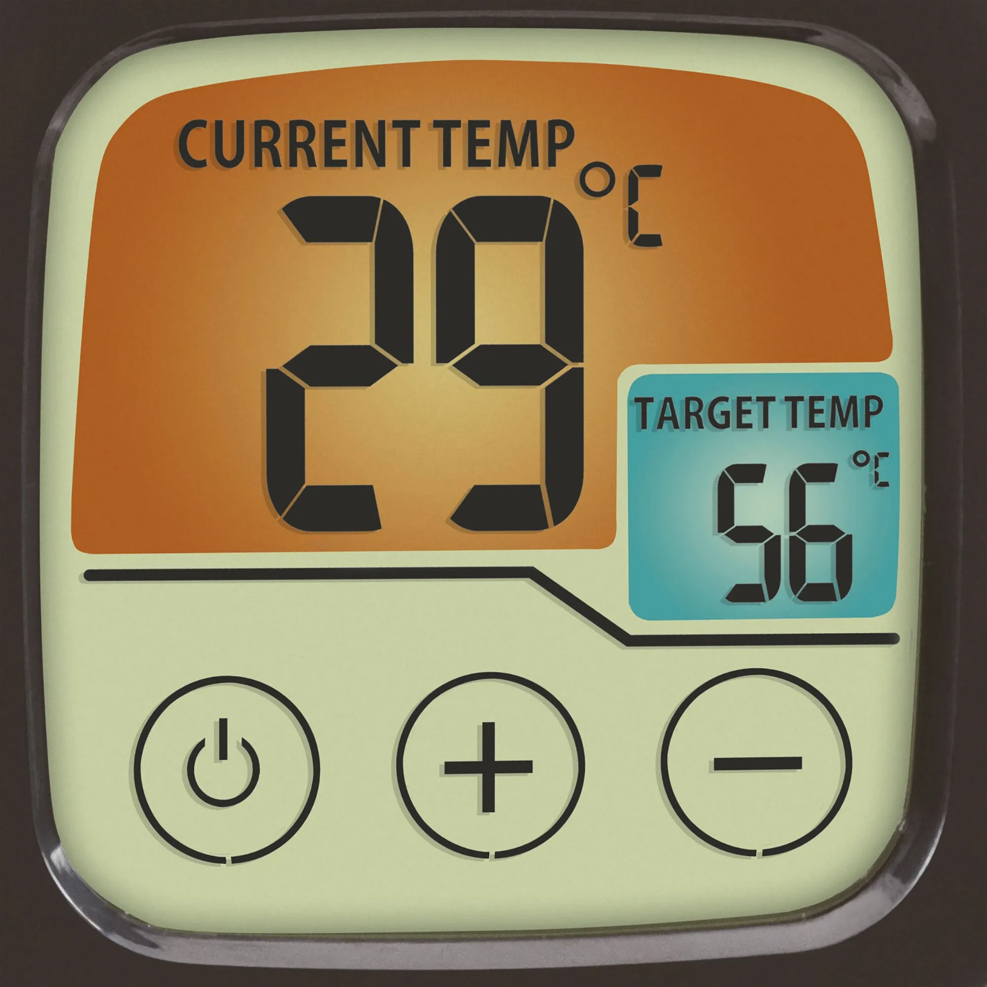 Detailansicht eines digitalen Grill- und Bratenthermometers mit Display, 70 °C aktueller Temperatur und Zieltemperaturanzeige, Plus- und Minustasten