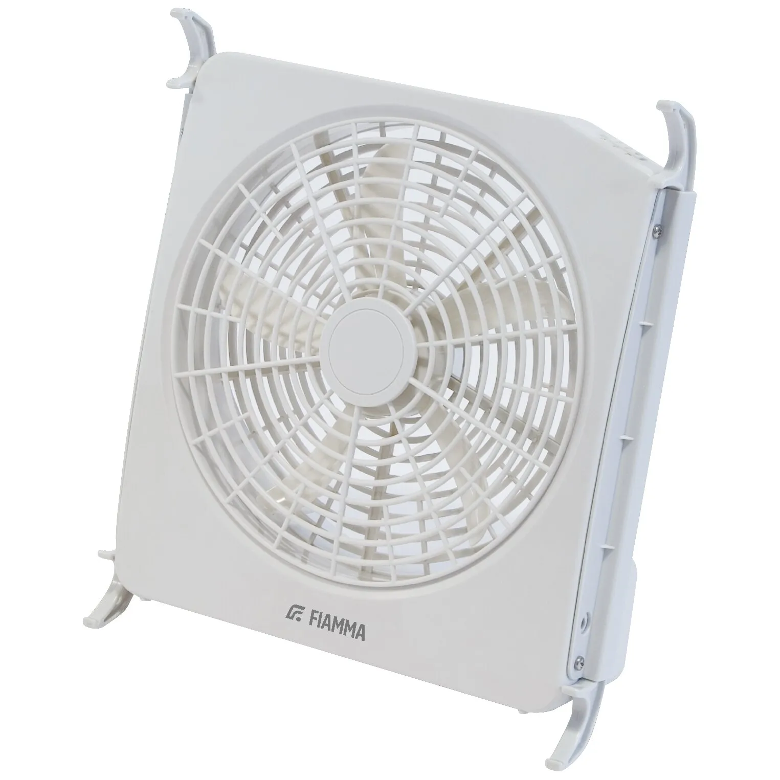 Weißer FIAMMA Dachhaubenventilator Turbo Kit mit rundem Schutzgitter und vier seitlichen Befestigungshaken