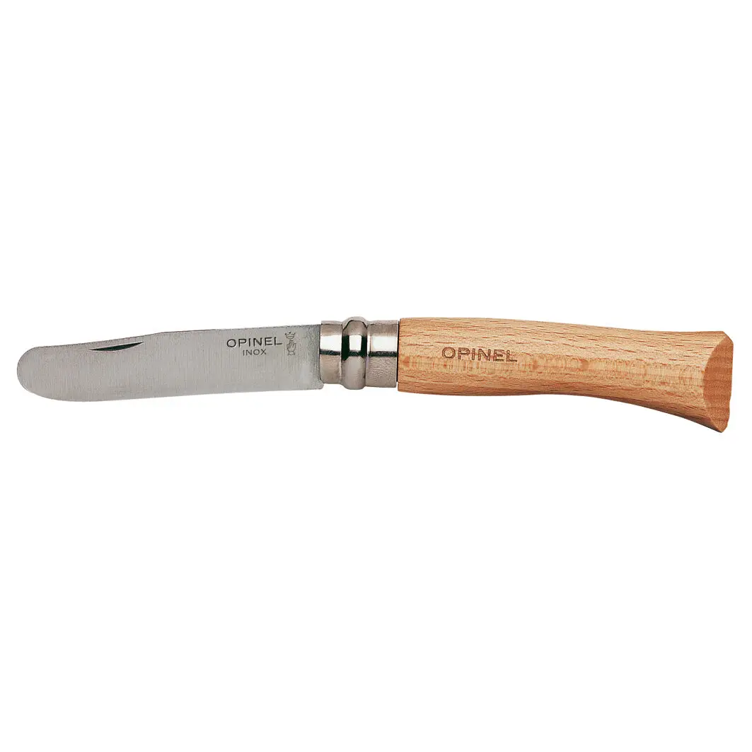 Klappmesser mit Holzgriff, ausgeklappte Edelstahlklinge, Klinge beschriftet OPINEL INOX, Griffseite mit OPINEL-Prägung und Metallring