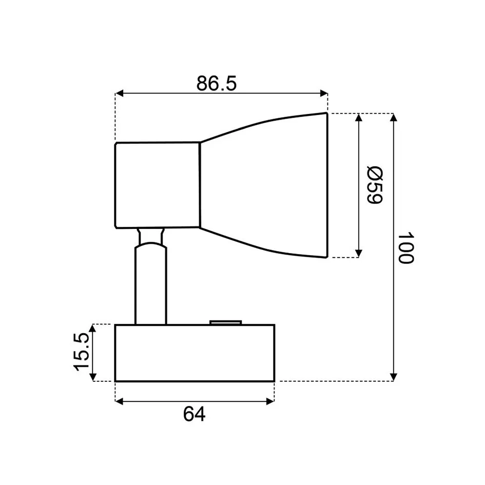 Technische Seitenansicht einer Aufbau-Leseleuchte mit Glaslampenschirm und Maßangaben in Millimetern: 86,5 × 100 × 64 cm, Schirmdurchmesser 59 mm