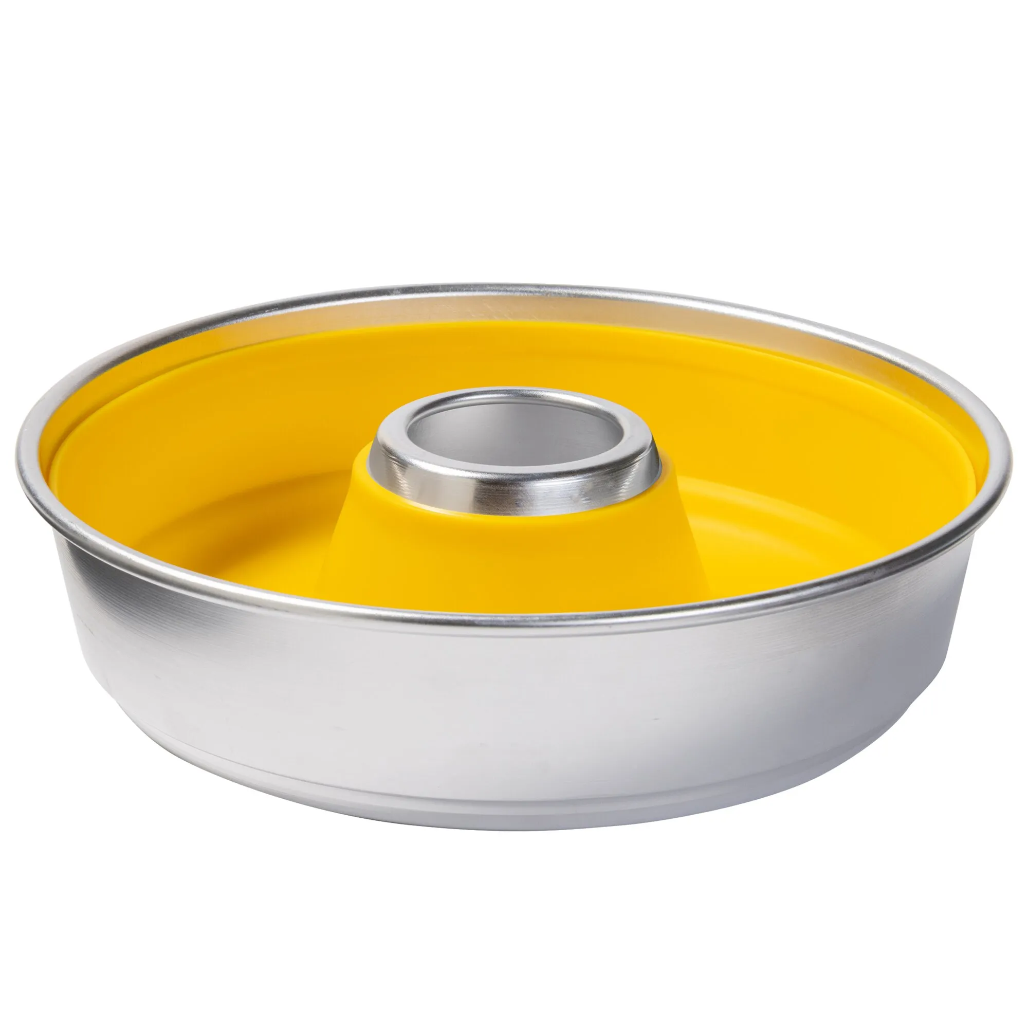 Gelbe runde Silikon-Backform mit Metallrand und zentralem Rohr für Kuchen in Ringform