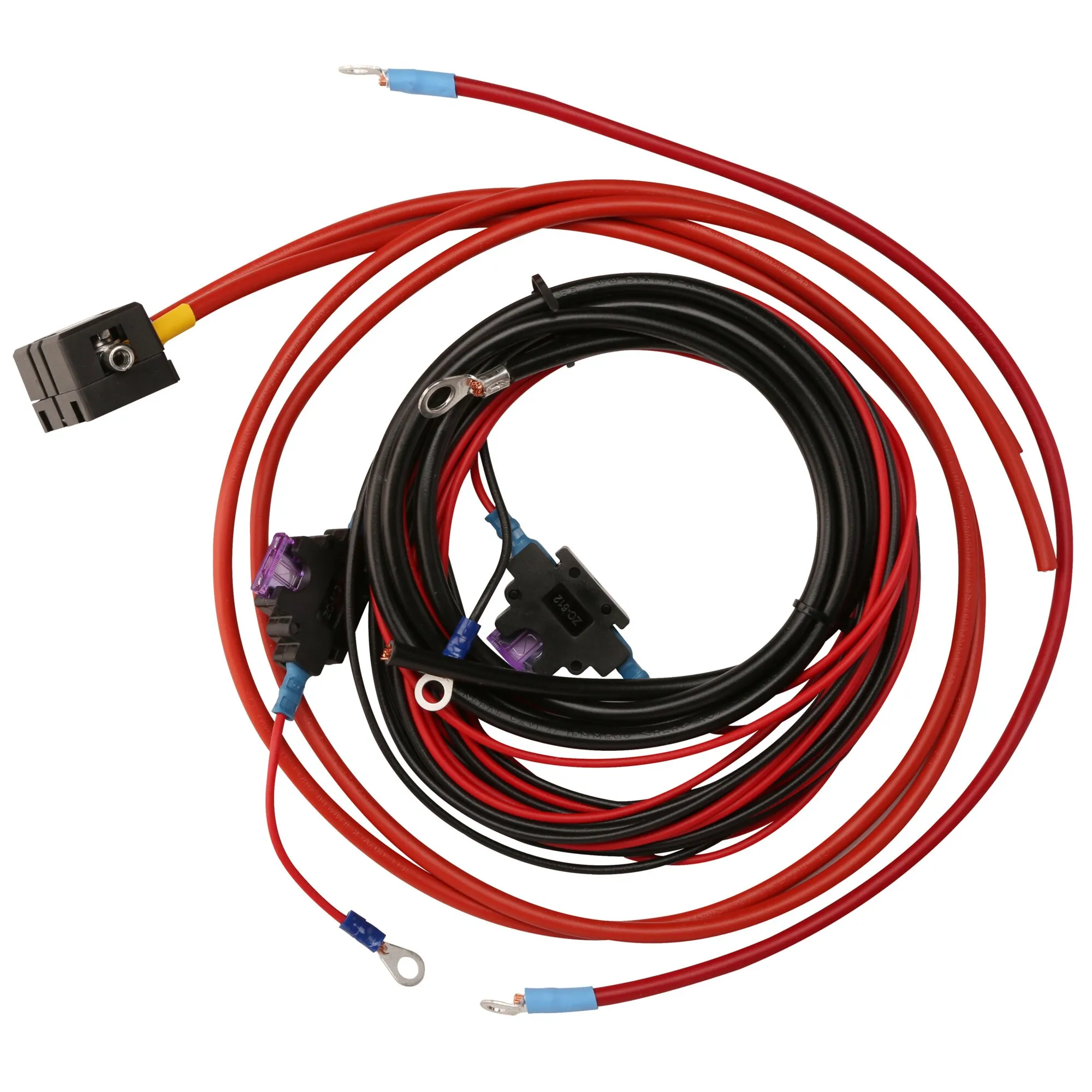 Anschlusskabelsatz für Ladebooster LB 50 mit roten und schwarzen Kabeln, Ringkabelschuhen, Sicherungshaltern und Steckverbindern