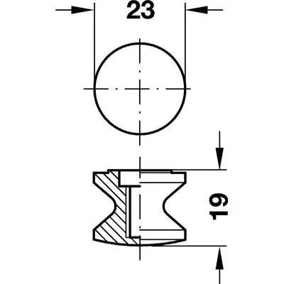Technische Maßzeichnung eines dunkelgrauen Druckknopfs mit runder Draufsicht, Querschnitt und Maßen 23 mm sowie 19 mm