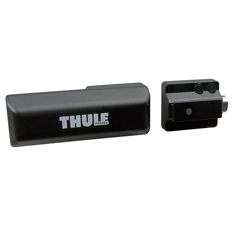 Schwarze Van-Lock-Türverriegelung von Thule mit länglichem Schlossgehäuse und separatem Verriegelungsbügel