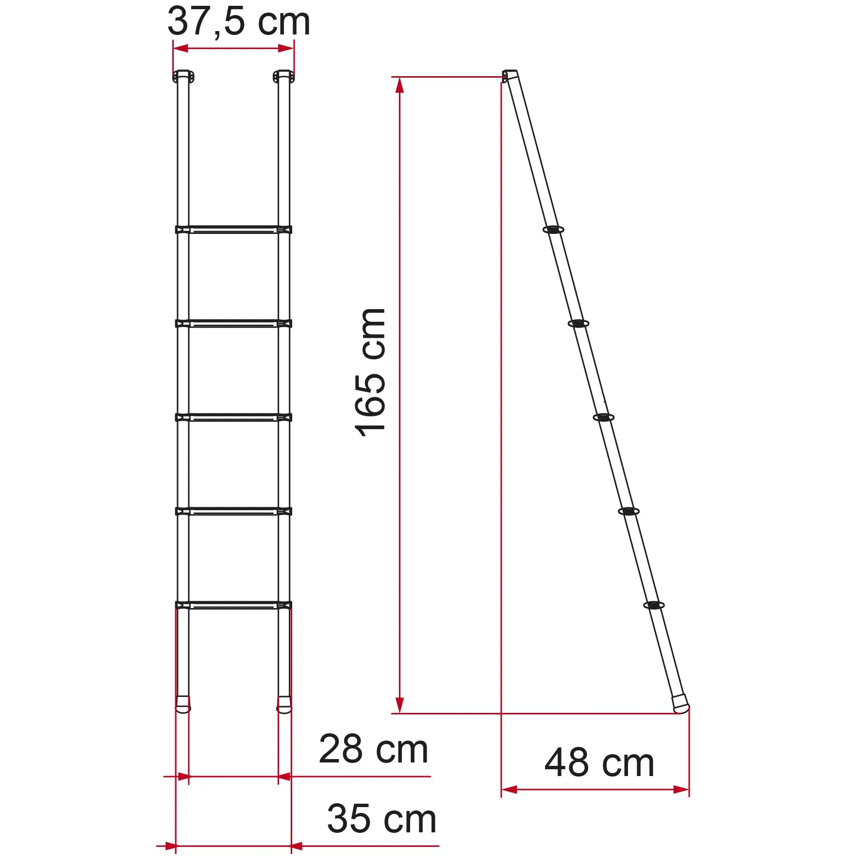 Technische Zeichnung der fünfsprossigen Hochbettleiter in Vorder- und Seitenansicht mit Maßen von 165 cm Höhe, 37,5 cm Breite und 48 cm Tiefe