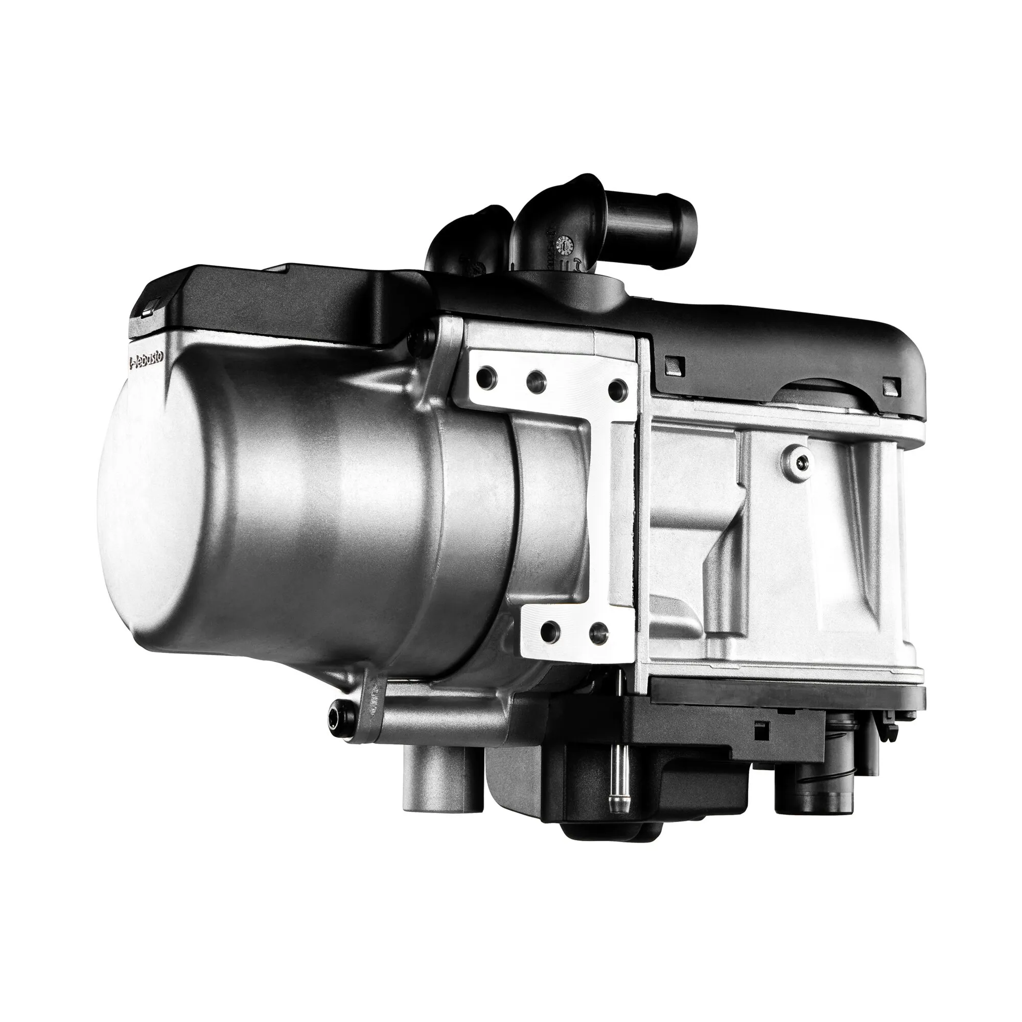 Webasto Thermo Top Evo Heizsystem in Schwarz und Silber, seitliche Detailansicht mit Gehäuse, Anschlüssen und Befestigungselementen