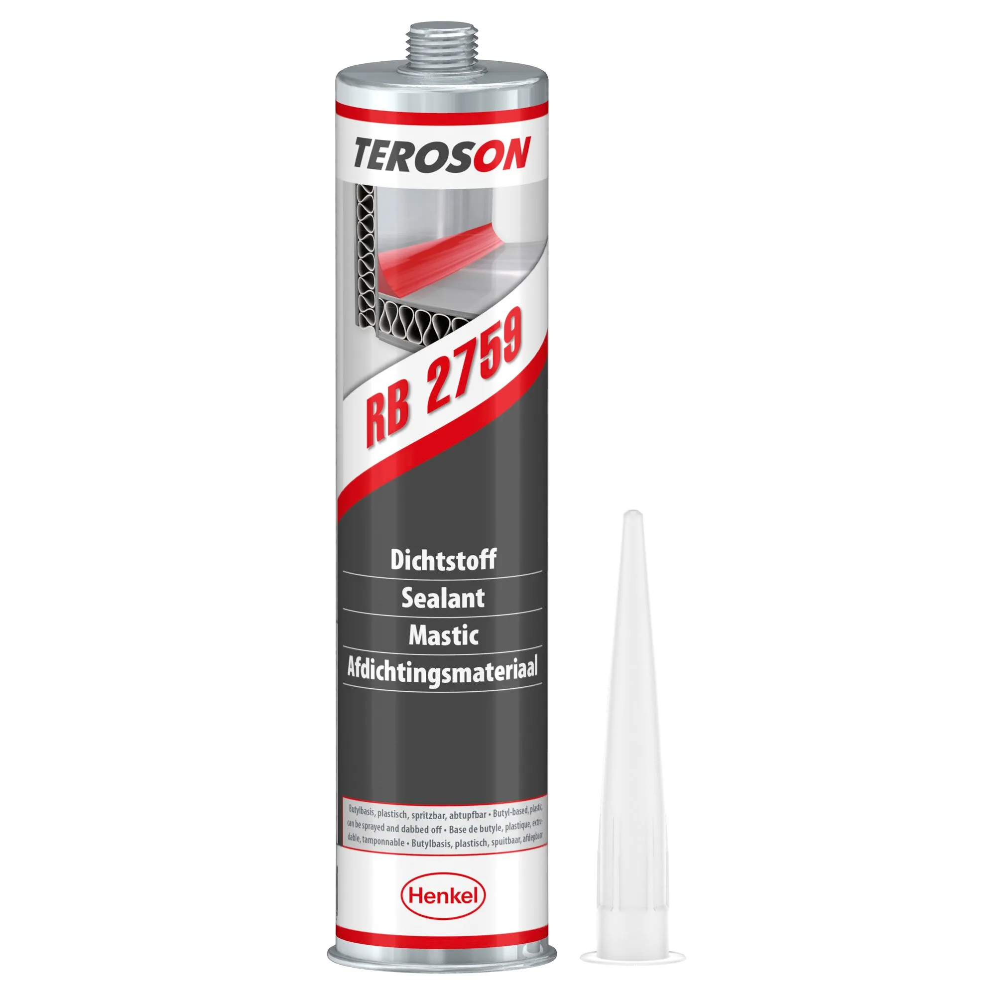 TEROSON RB 2759 Butyl-Abdichtmasse als silberne 310-ml-Kartusche mit weißer Spritzdüse, für Dichtstoff und Abdichtungsmaterial