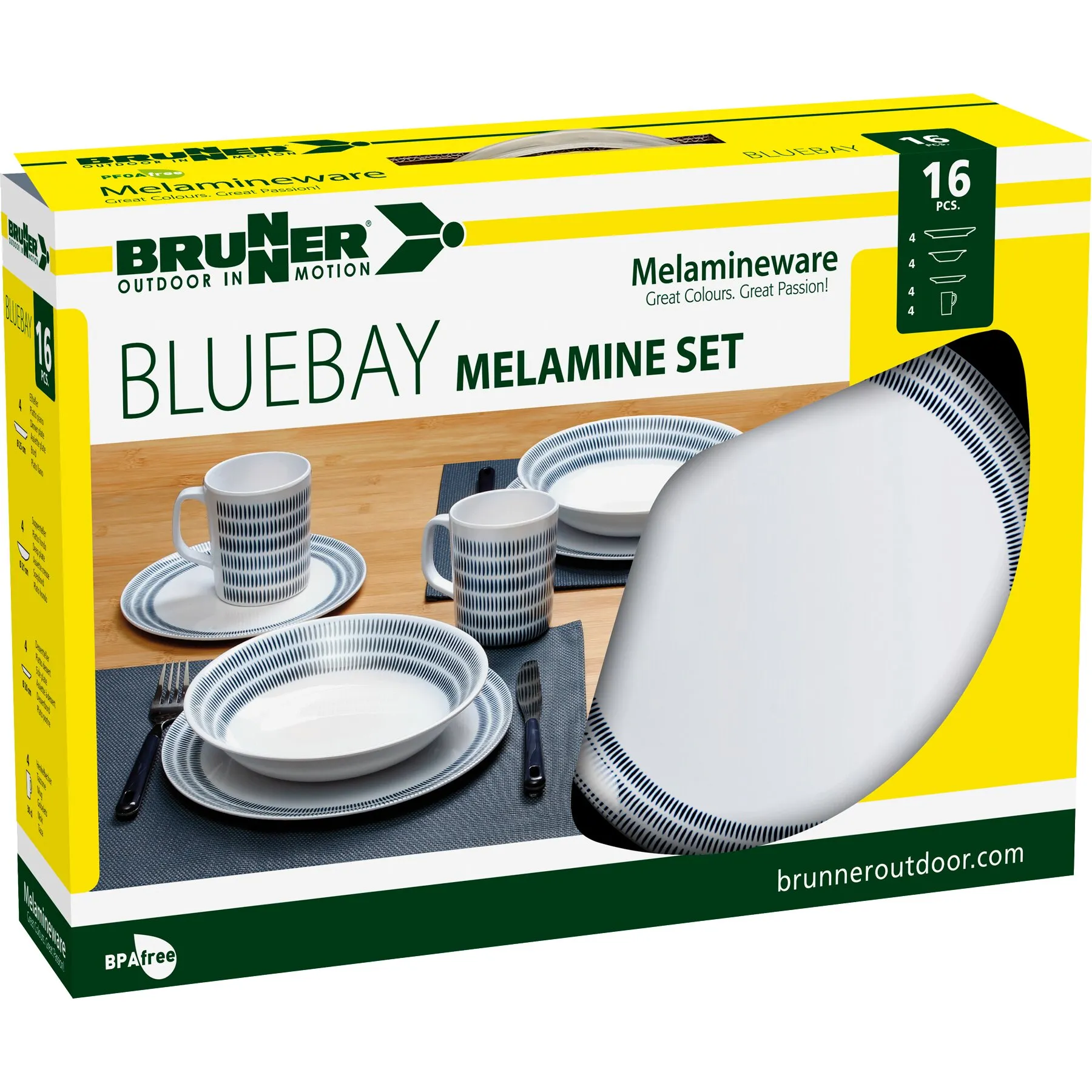 Verpackung des Brunner Bluebay Melamin-Geschirrsets mit weißen Tellern, Schalen und Tassen im blauen Streifenmuster, 16-teilig