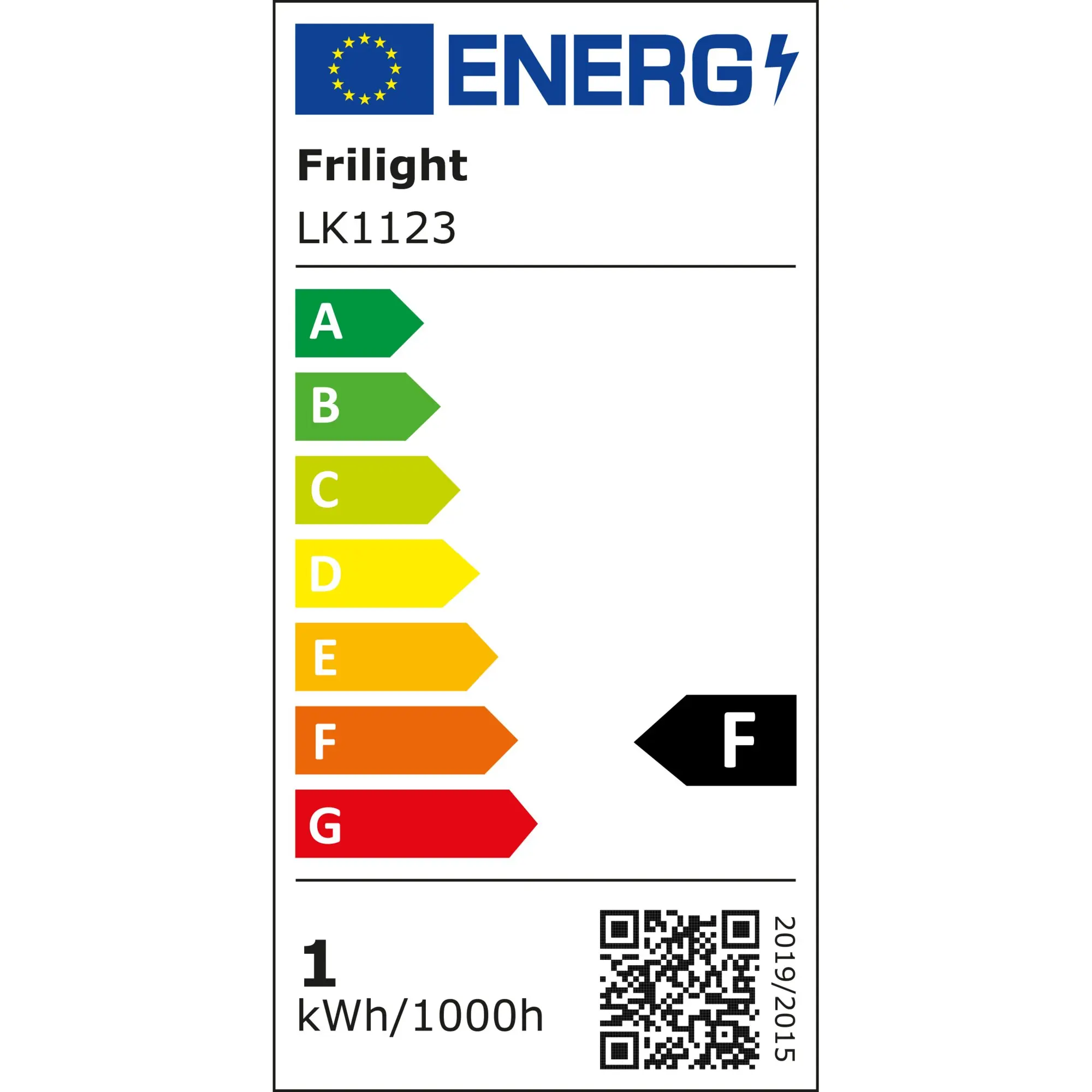 Energielabel mit EU-Flagge und ENERG-Schriftzug, Bezeichnung Frilight LK1123, farbige A–G-Energieeffizienzskala, 1 kWh/1000h sowie QR-Code